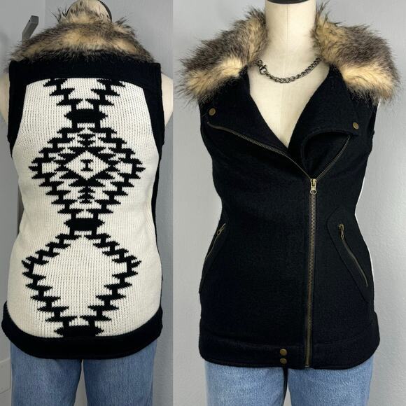 THREAD & Supply Wool Blend Knit Back Moto Vest Faux Fur Small - Picture 1 of 6